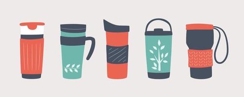 Reusable cups, thermo mug and tumblers with cover vector