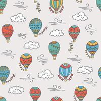 Hot air balloons and clouds. Color hand drawn seamless pattern vector