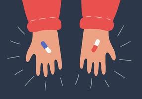 Hands with red and blue pills. Symbol of difficult choice vector