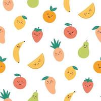 Seamless pattern with funny fruits. Kawaii smiling fruit characters. vector