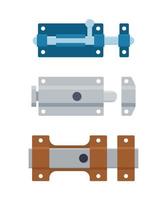 Set of metal door bolts and latches. Steel safety hardware vector