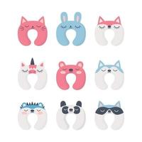 Set of sleep neck pillows with cute animals. Night accessory to  sleep vector