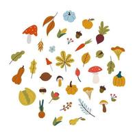 hojas de otoño, setas, verduras en estilo plano. vector