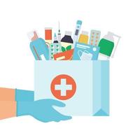 Hands in disposable gloves with bag with drugs, pills and bottles vector