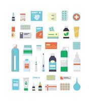 Set of medications, drugs, pills and bottles for first aid kit vector