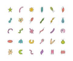 Microbes, virus, bacterias and pathogen icons colorful set. vector