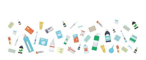 Flyer for the pharmacy with medications, drugs, pills and bottles vector