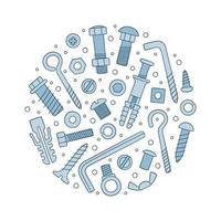 Set of fasteners. Bolts, screws, nuts, dowel and rivet in doodle style vector