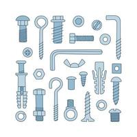 Set of fasteners. Bolts, screws, nuts, dowels and rivet vector