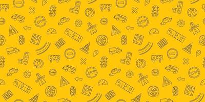 Doodle seamless pattern with cars, road signs, markings vector