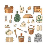 Sauna accessories - washer, broom, tub, bucket, towel and other. vector