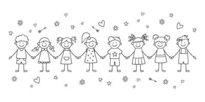grupo de niños divertidos tomados de la mano. niños lindos felices del doodle. vector