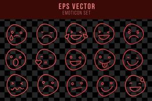Set of Red emoticon light neon effect emoji smiley character lamp glow vector