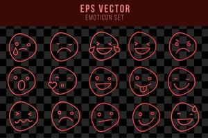 conjunto de emoticon rojo luz neón efecto emoji smiley personaje lámpara resplandor vector