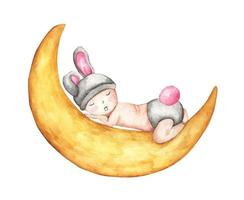 Cute little baby sleeping on the moon. Watercolor illustration.