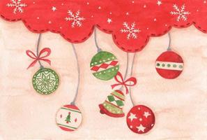 Christmas ball hanging on red sky winter season background. Watercolor vector