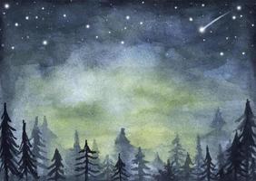Peaceful spruce forest under night sky full of stars.  Watercolor.