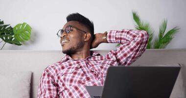 Happy Man Relax Looking Away Dreaming While Use Laptop video