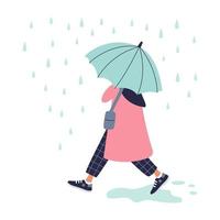 chica caminando bajo la lluvia en abrigo rojo con paraguas. vector