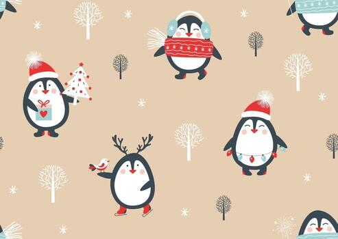 Seamless pattern with penguins. Vector
