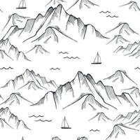 Seamless pattern with mountain, sea and sailing ships. Vector