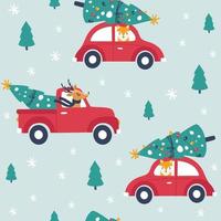 Winter seamless pattern with red car and christmas tree. Vecto vector