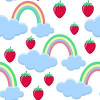 Pattern strawberry falls from the clouds on a background of rainbows vector