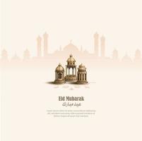 islamic greetings eid mubarak card design background with lanterns vector