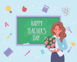 Happy teacher's day concept. Teacher with flowers in classroom. vector