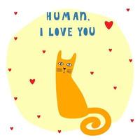 Funny cat  card template. Abstract cute childihs craft cat vector