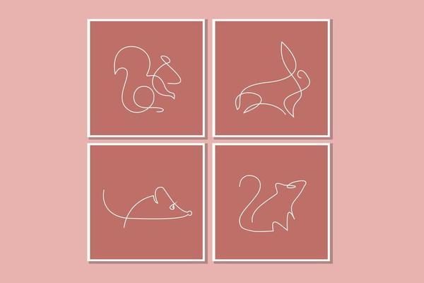 Set of One Line Drawing Squirrel Rabbit Mouse