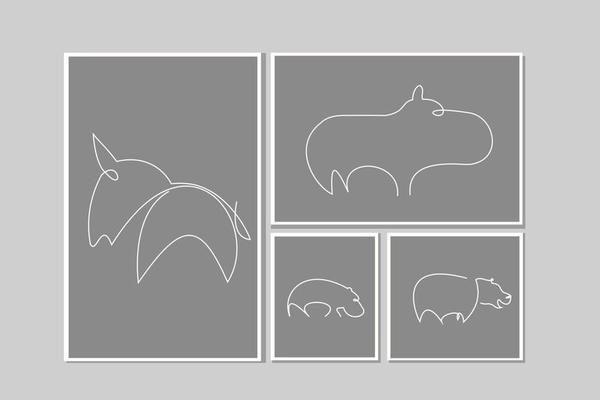 Set of One Line Drawing Hippopotamus