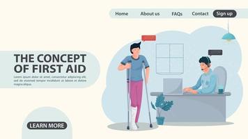 A man on crutches came to an appointment with a doctor web page design vector