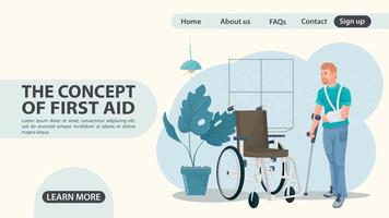 A man with an arm injury approaches a wheelchair web page design vector