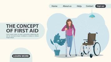 A girl on crutches stands next to a wheelchair web page design vector