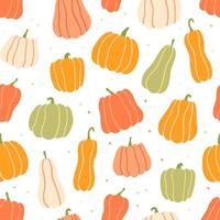 Pumpkin color dynamic seamless pattern. Pumpkins of different shapes vector