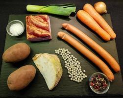 Ingredients of a Pea soup with Viennese sausages photo