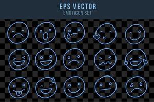 conjunto de emoticon azul luz efecto neón emoji lámpara resplandor aislado vector