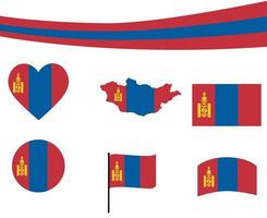 Mongolia Flag Map Ribbon And Heart Icons Vector Abstract