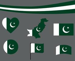 Pakistan Flag Map Ribbon And Heart Icons Vector Abstract