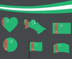 Turkmenistan Flag Map Ribbon And Heart Icons Vector Abstract