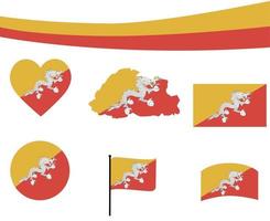 Bhutan Flag Map Ribbon And Heart Icons Vector Abstract