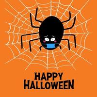 Cute black spider in mask with guilty look cobweb and happy halloween vector