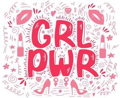 Girl power lettering with pink ribbons, lips, lipstick, stilettos vector