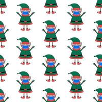 Christmas seamless pattern made from Elf character in medical mask. vector