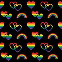 rainbow pride seamless pattern with hearts and rainbows on black vector