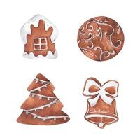 Set of gingerbread cute cookies. Watercolor Christmas card.