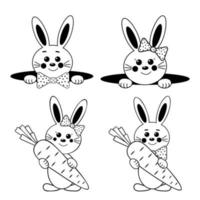 Cute rabbits with carrots, black outline, coloring vector