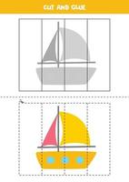 Cut and glue game for kids. Cartoon yacht. vector