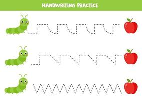 Tracing lines with cartoon caterpillar and apple. Writing practice. vector